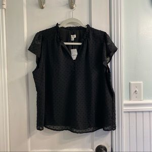 J. Crew Factory Ruffleneck top in clipdot • Black • Size XL